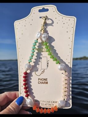 Beaded Phone Charm Strap with Multicolor Gems - Green, Red, Orange, White
